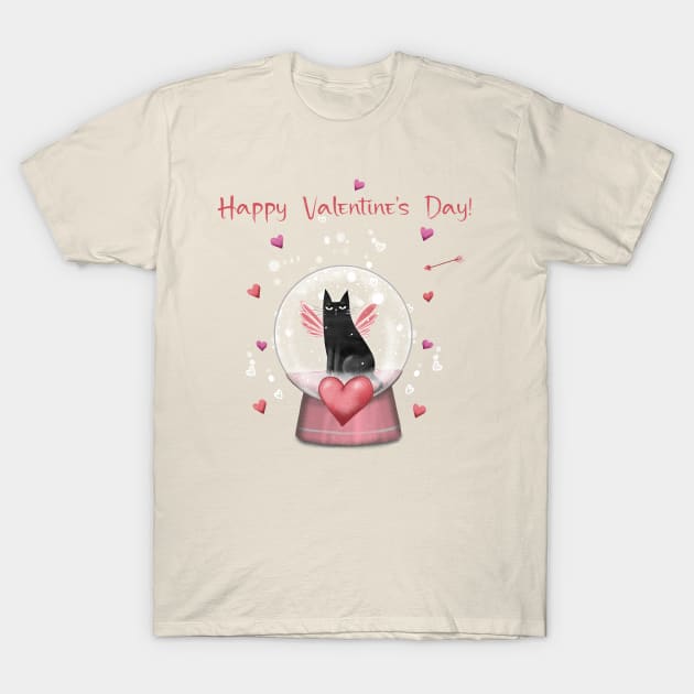 Happy valentines black cat. Cute cat and red hearts. T-Shirt by Olena Tyshchenko